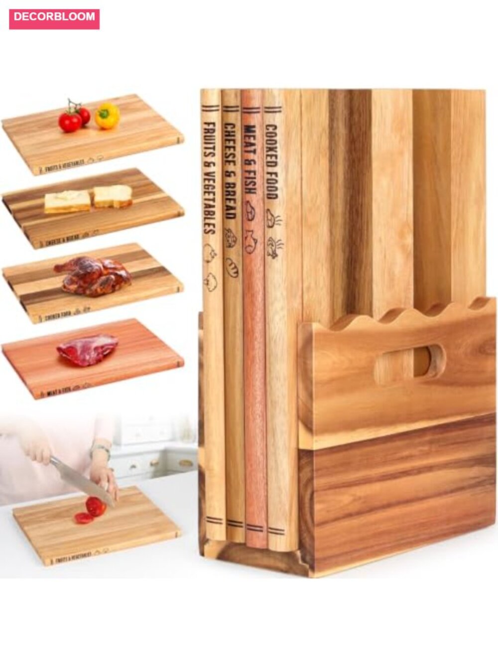 4Pc Wood Cutting Board Set Book Shaped Scalloped Stand